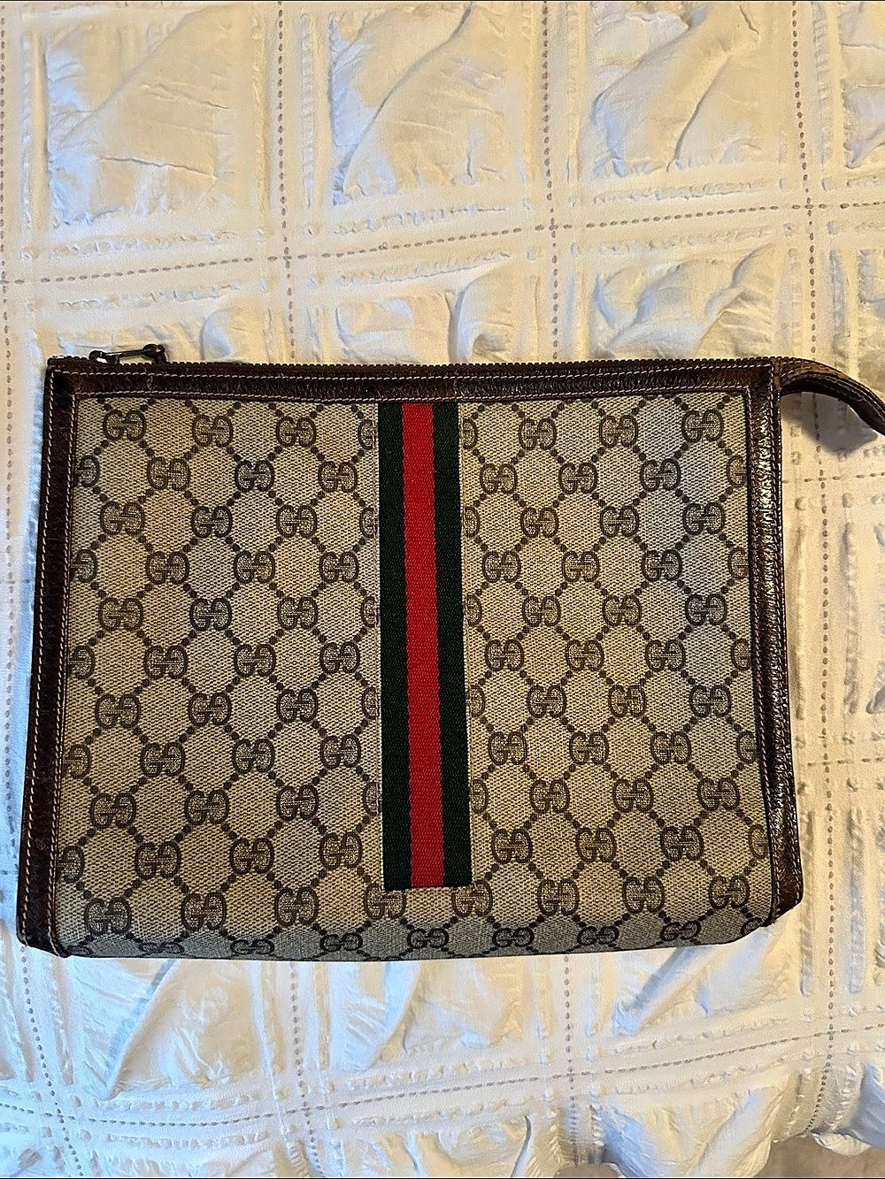 Gucci Vintage Gucci Accessory Collection GG Monogram Web Stripe Zip Clutch